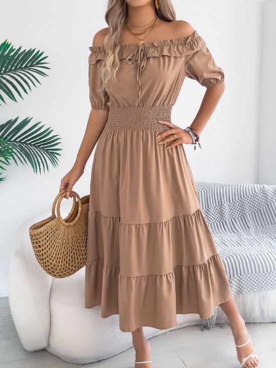 Dresses & Skirts - Tan Smocked Off-Shoulder Tiered Dress